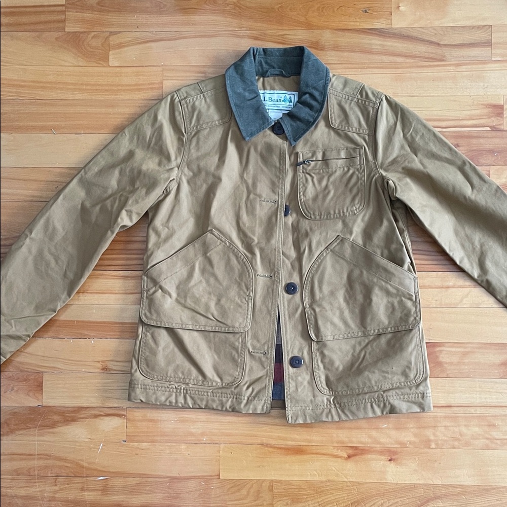 L.L. Bean Tan Jacket with Green corduroy Collar
